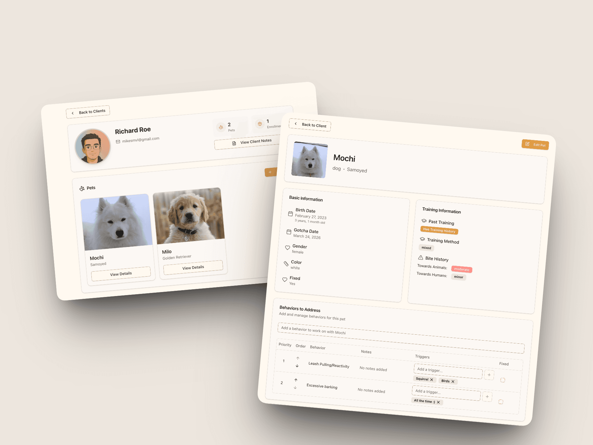 Client and pet profile screens on desktop and mobile with contact and training history