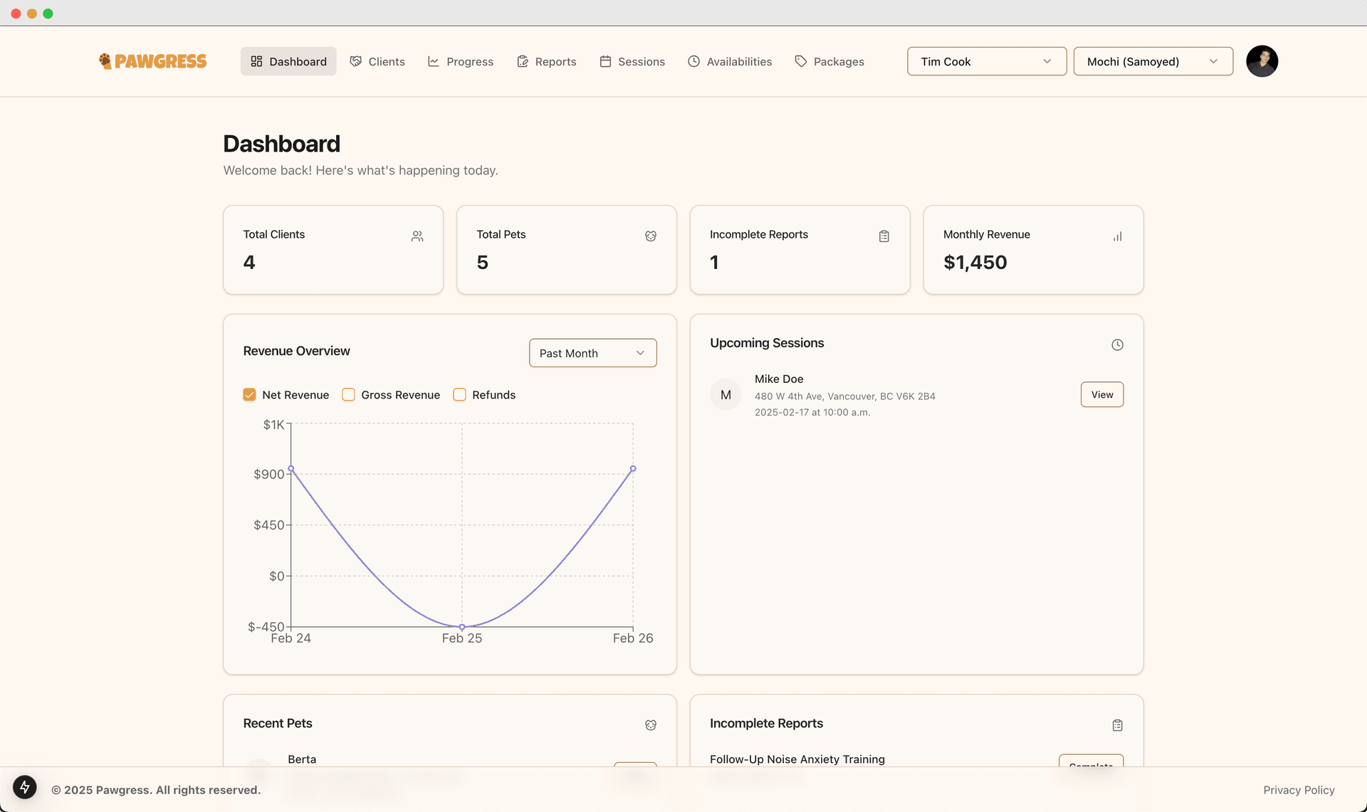 Trainer dashboard showing today's sessions, recent client activity, and business metrics