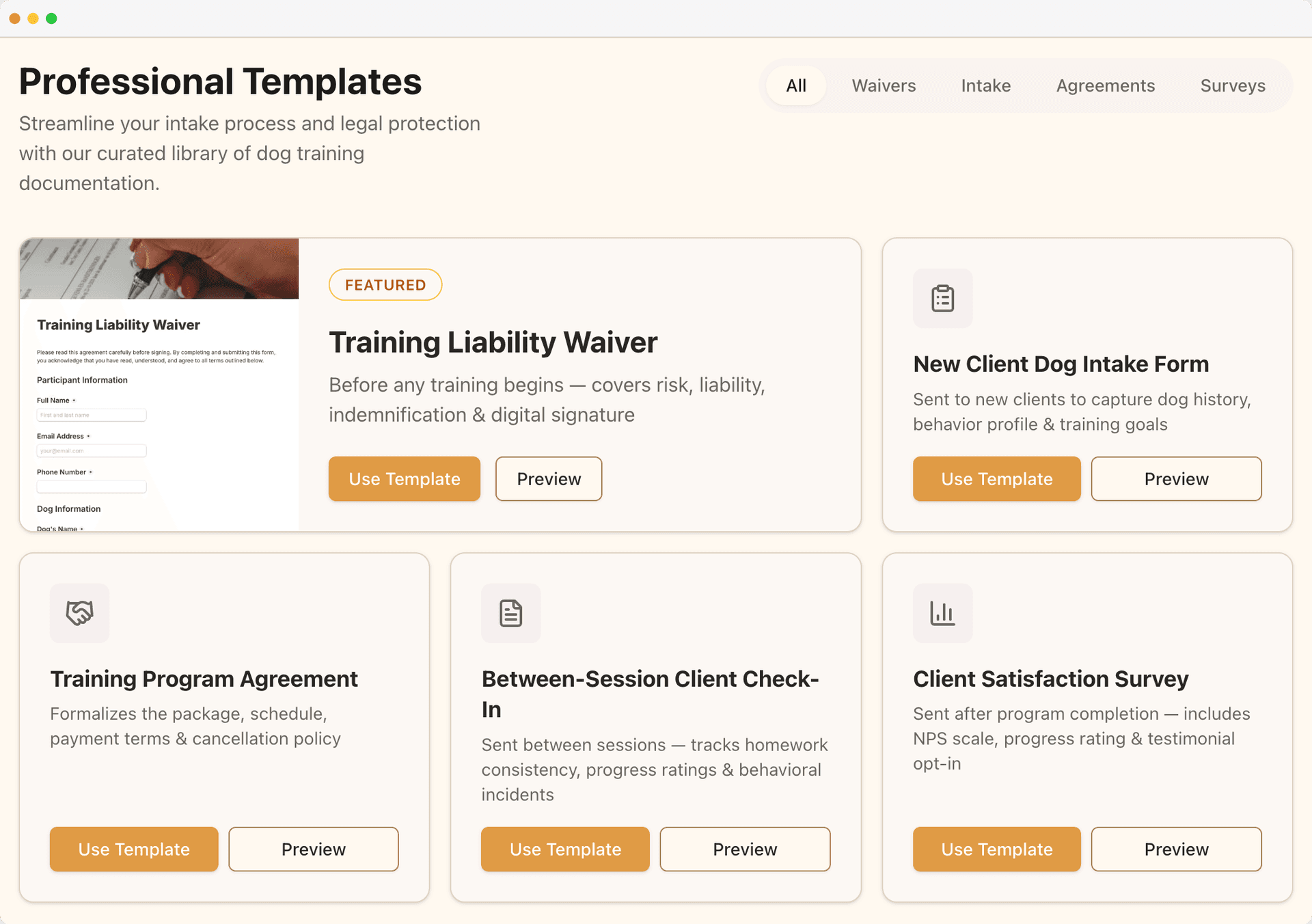 Custom intake form builder with a behavior questionnaire and liability waiver