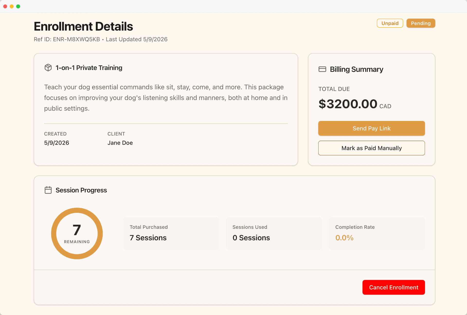 Invoice and payment screen showing a Stripe-processed payment for a training session