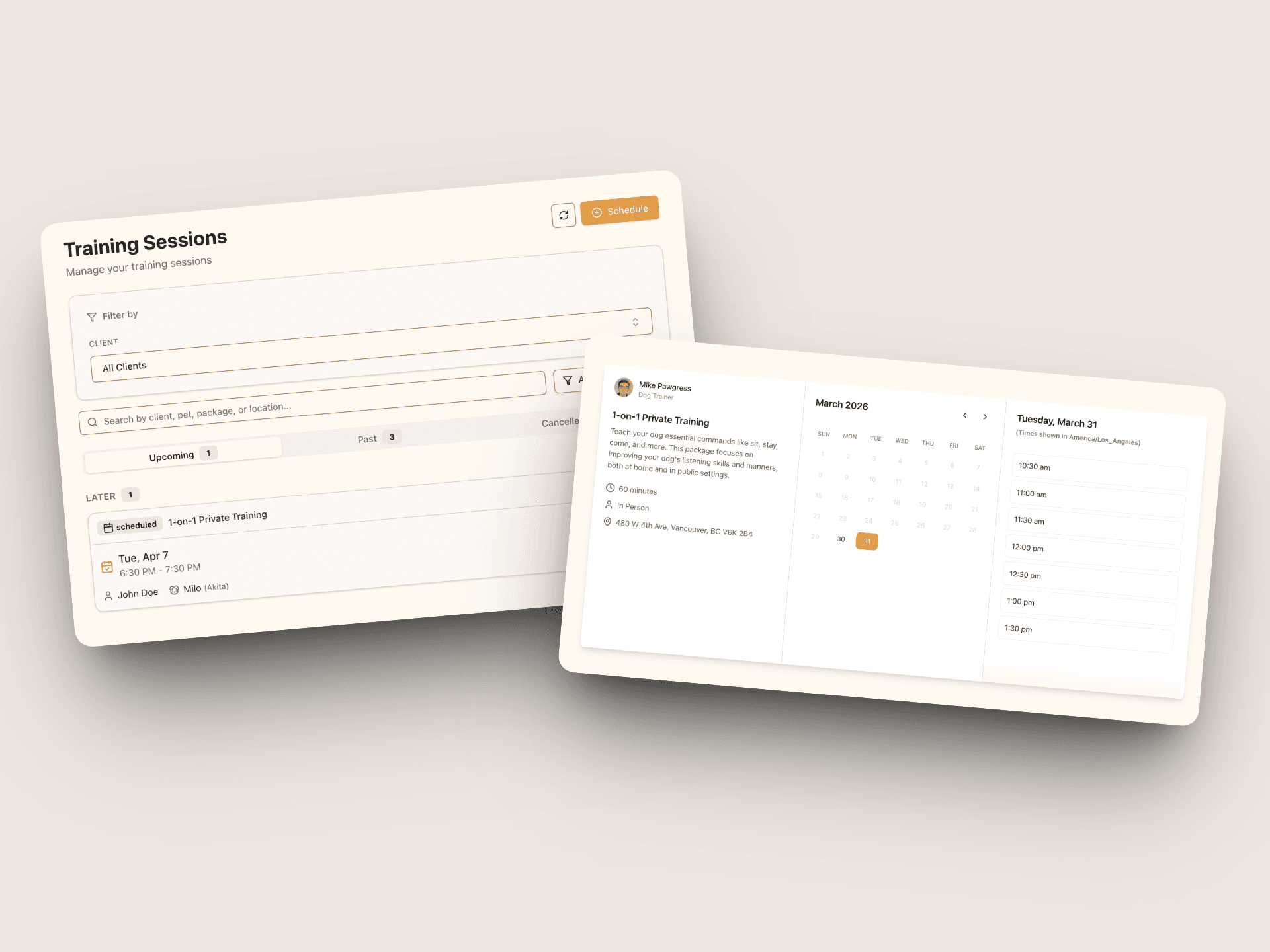 Pawgress scheduling screen on desktop and mobile showing synced Google Calendar appointments