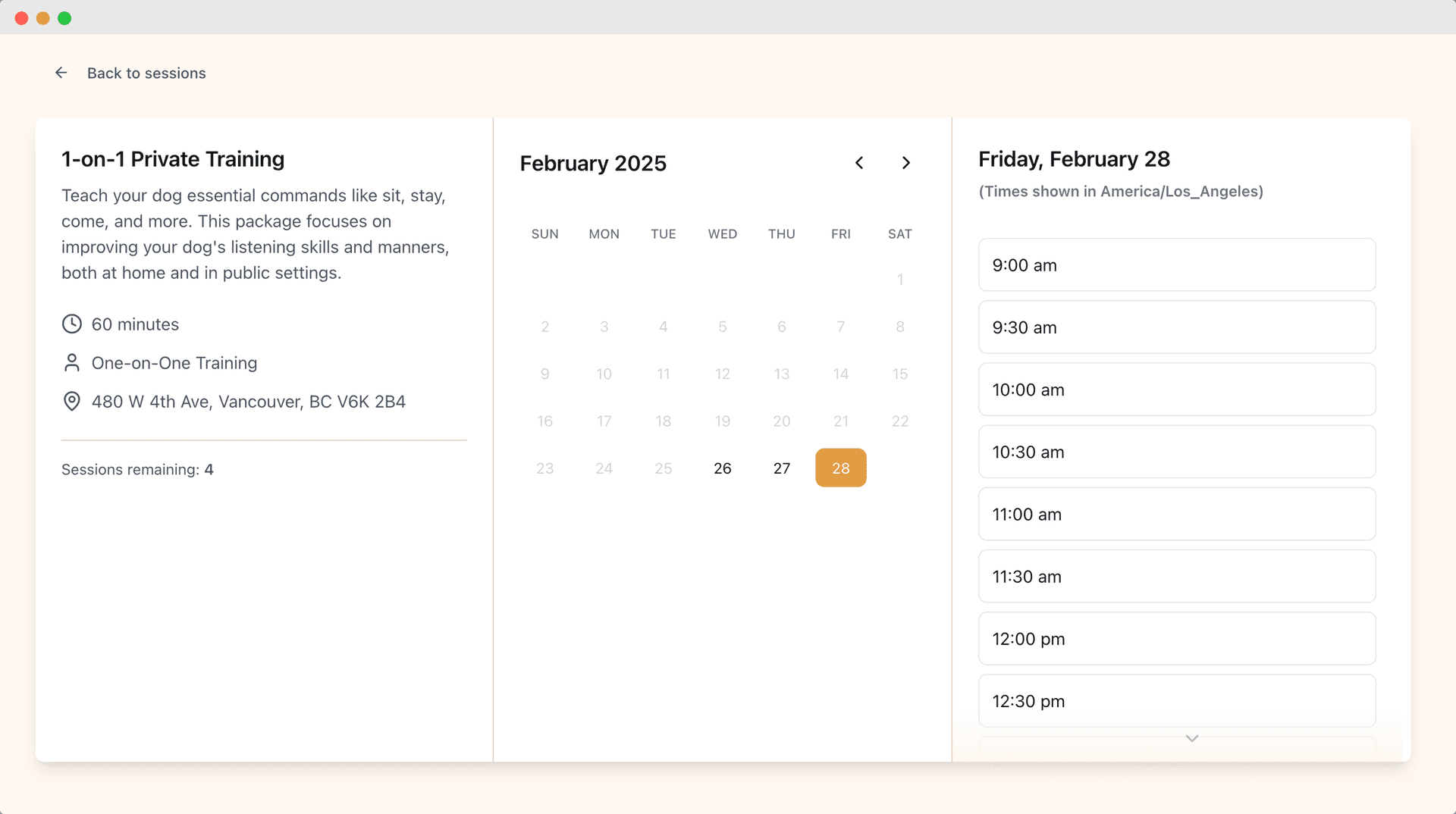 Weekly scheduling calendar synced with Google Calendar showing upcoming training sessions